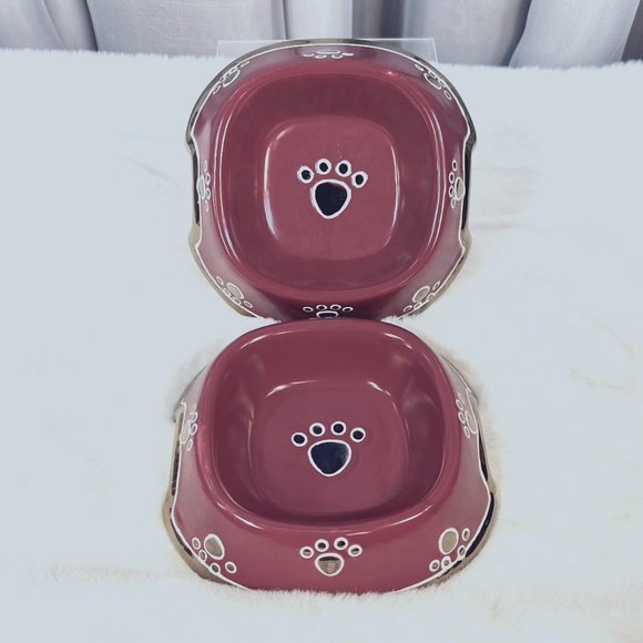 Gold Decorated Burgundy Ceramic Pet Bowl Set - Picture 1 of 9